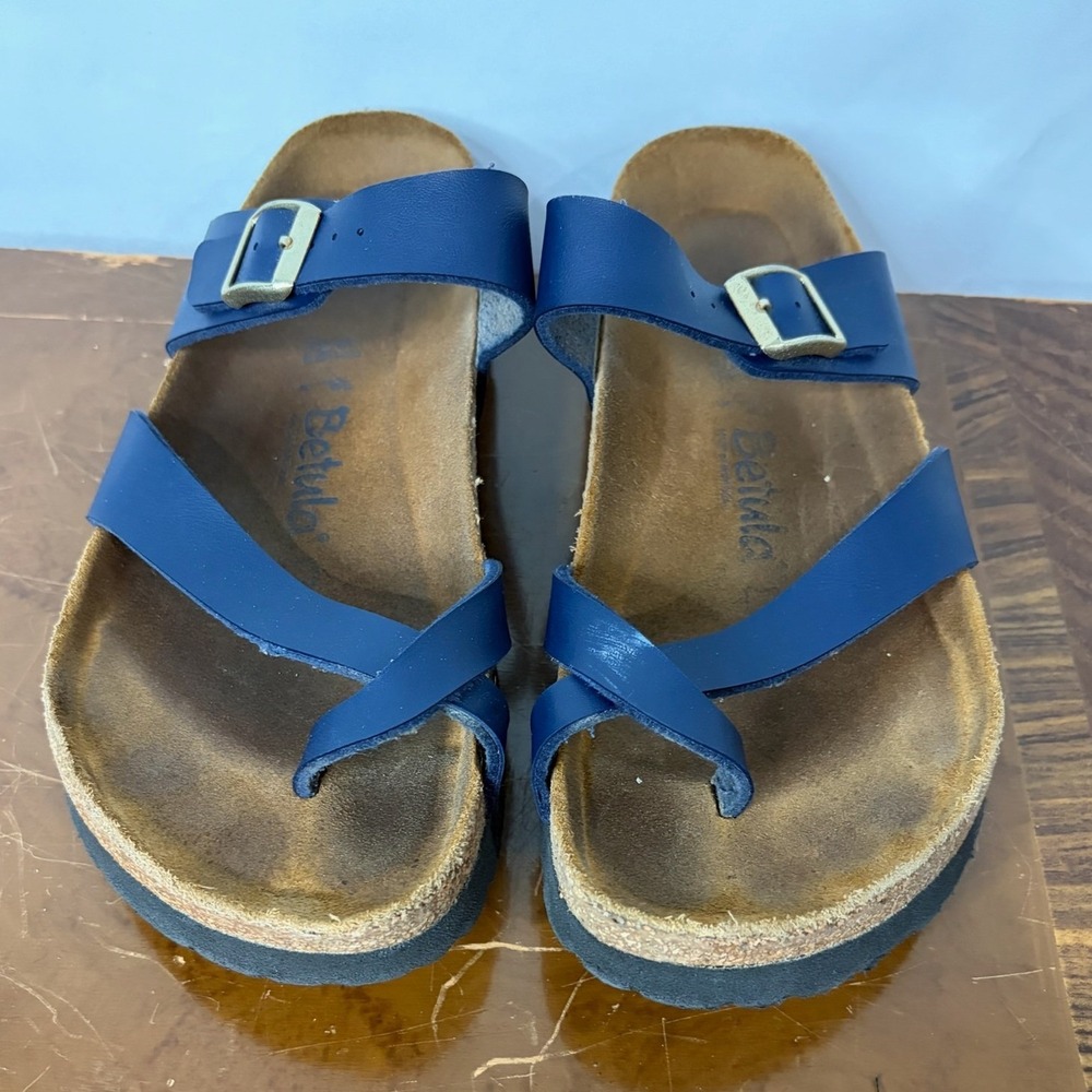Birkenstock Betula Navy Blue Toe Loop Cork Footbed Sandals Sz 41 Comfort Leather
